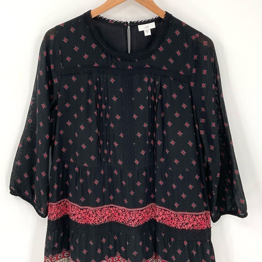 J Jill Pintucked Lace Trim Midi Dress Tiered A-Line Black Red Women Medium Boho - Picture 6 of 11
